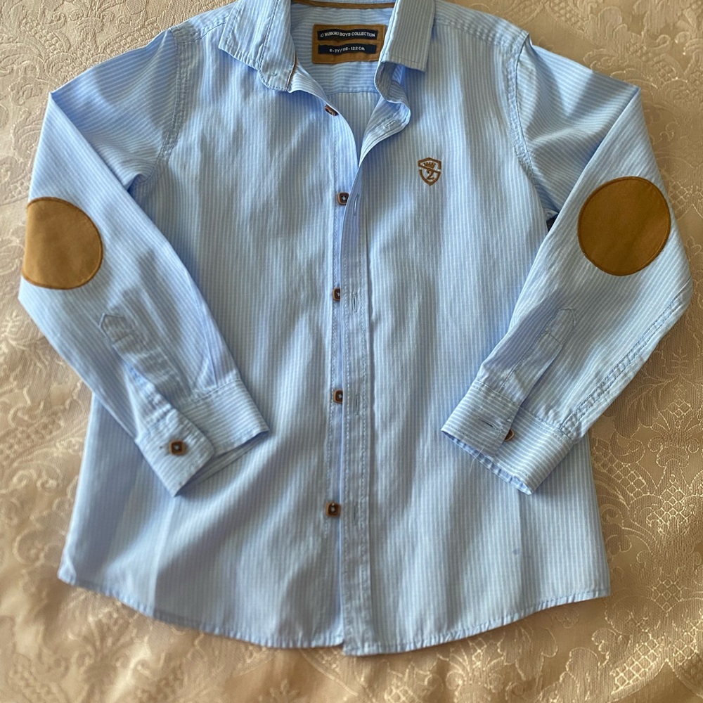 Zara Blue and Brown Button Down Shirt with Elbow Patches